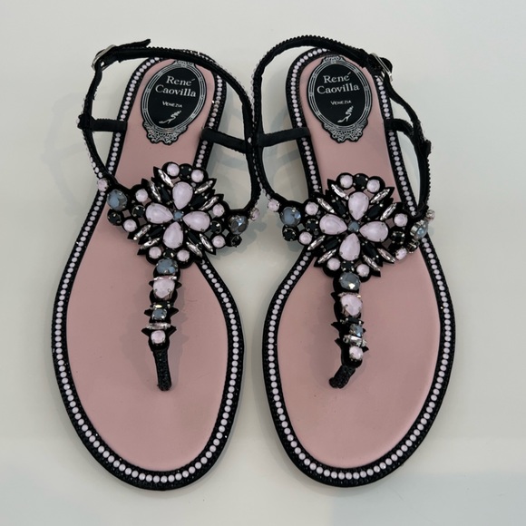 RENE CAOVILLA PINK BLACK EMBELLISHED SANDALS SIZE IT 38.5 / US 8.5 - Picture 4 of 17